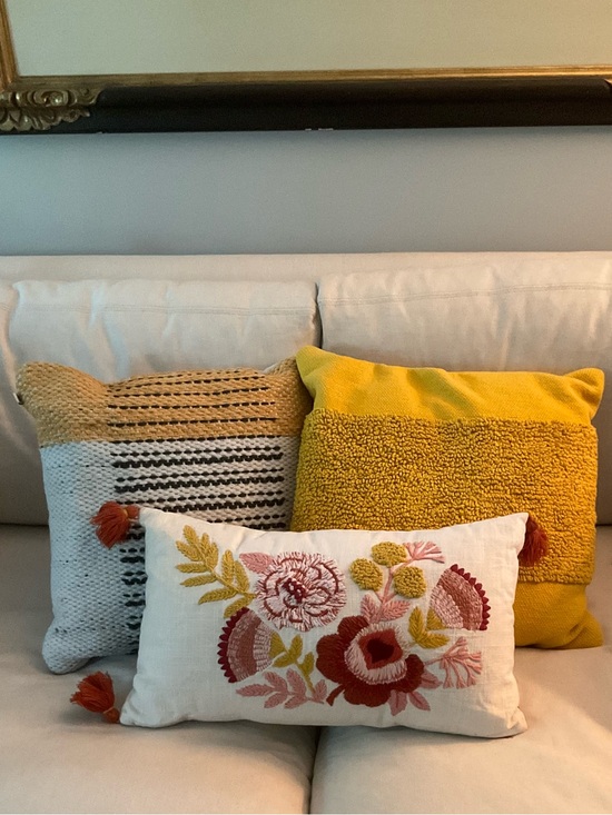 Other - Embroidered Floral Lumbar Pillow in White with Red & Mustard Accents